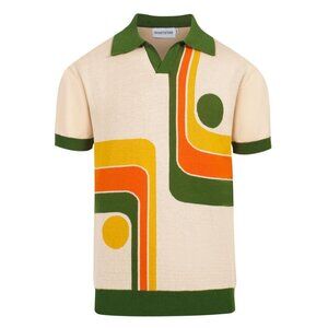 Men's Retro Knit Polo – Vintage Cream Button-Up with 70s Geometric Graphic